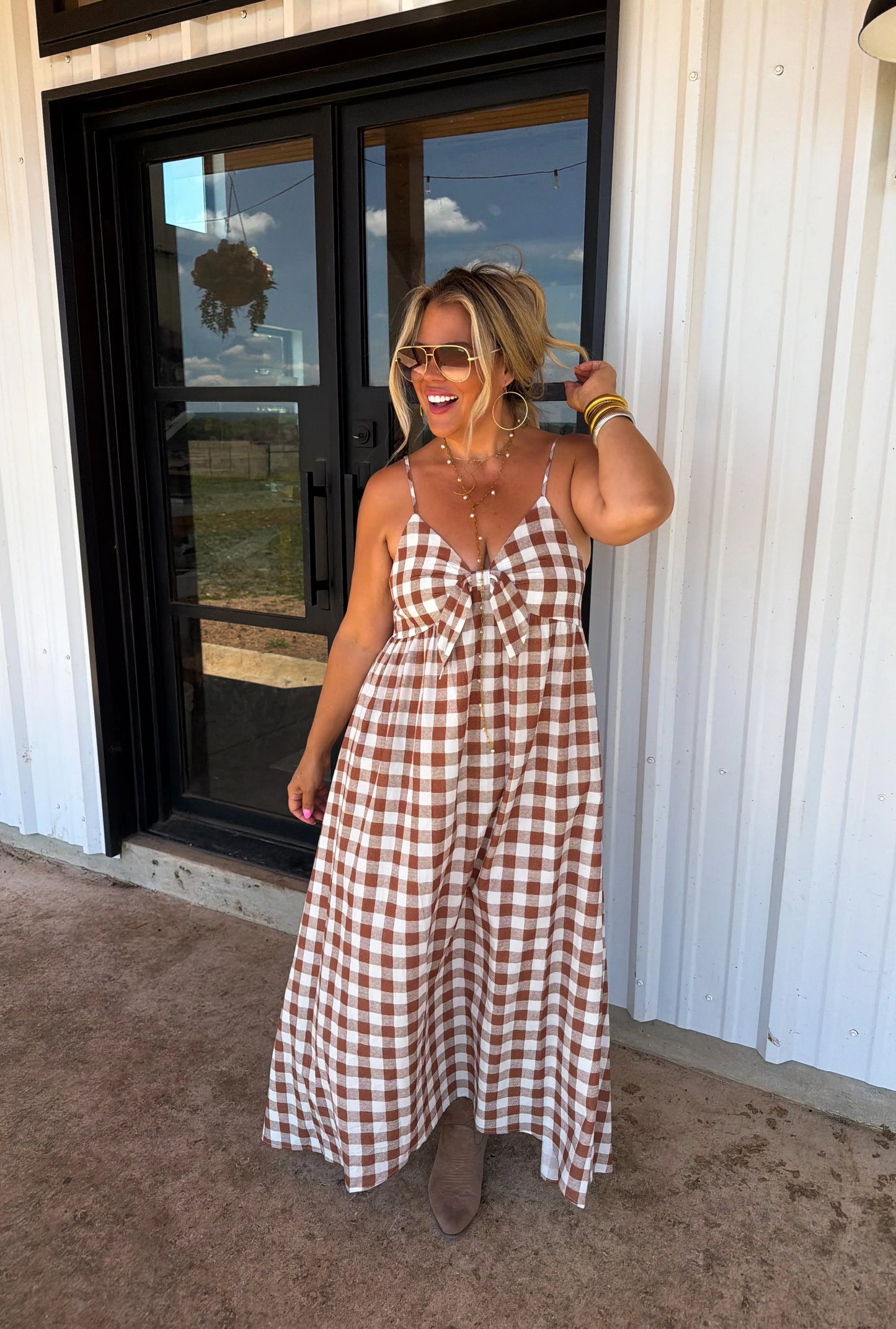 Western Charm Maxi Dress - Brown Gingham