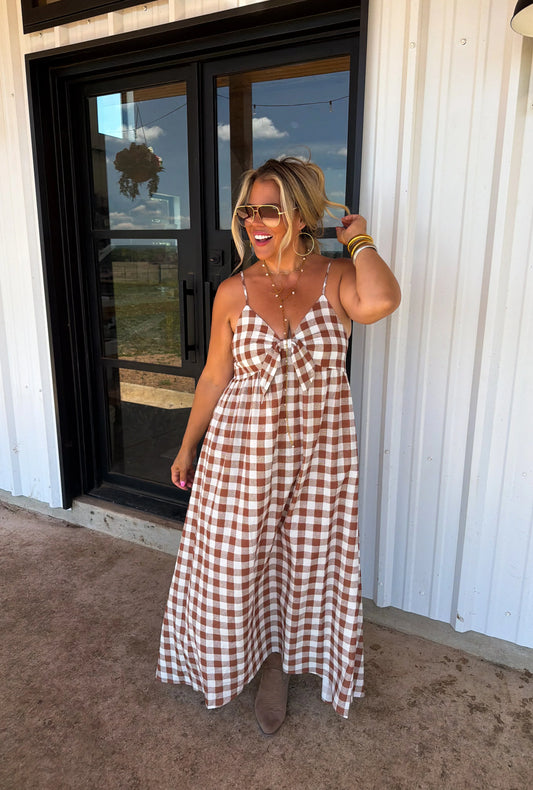 Western Charm Maxi Dress - Brown Gingham