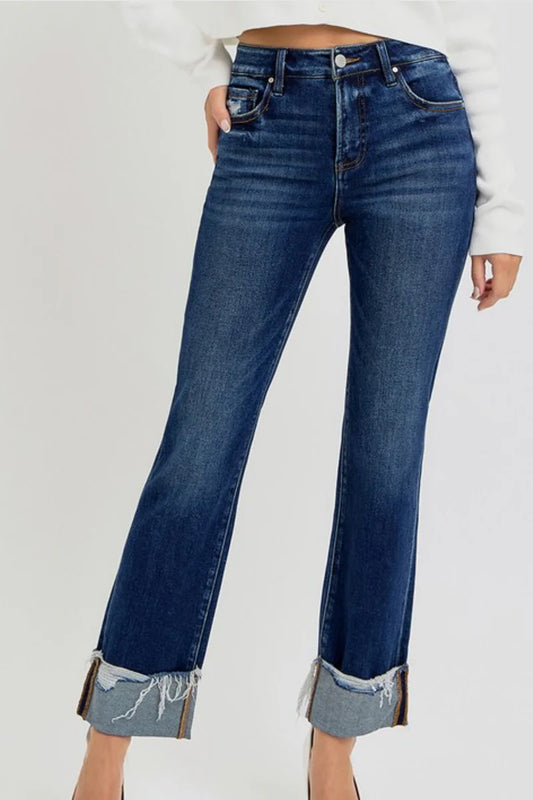 Tummy Control High Rise Crop Straight Cuffed Jeans