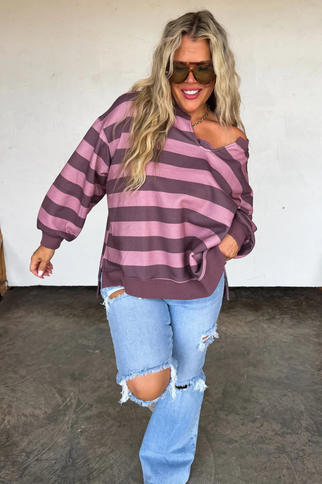 Lived In Oversized Pullover in Mauve/Chocolate