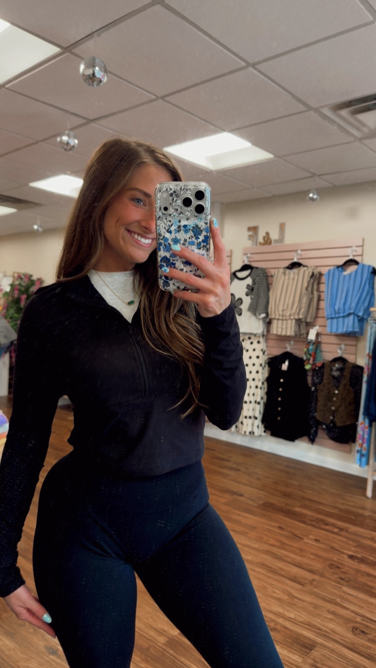 Black Cropped 1/4 Zip Long Sleeve Top
