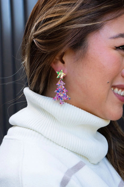 Pink Sparkle Christmas Tree Earring