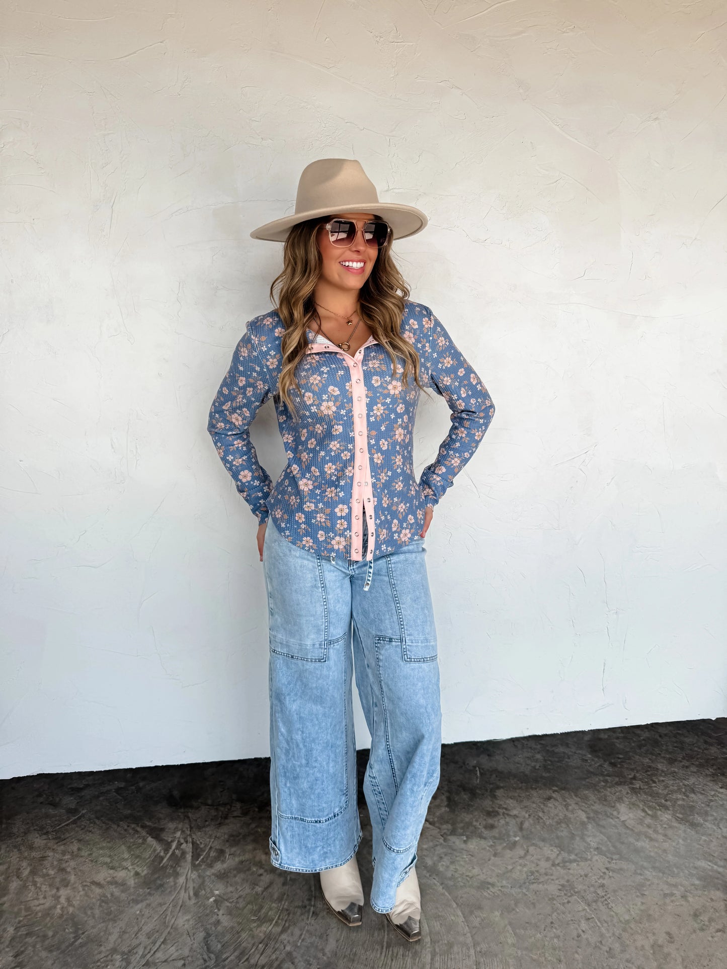 Kori Snap Button Waffle Top in Blue Floral [[PRE-ORDER]]