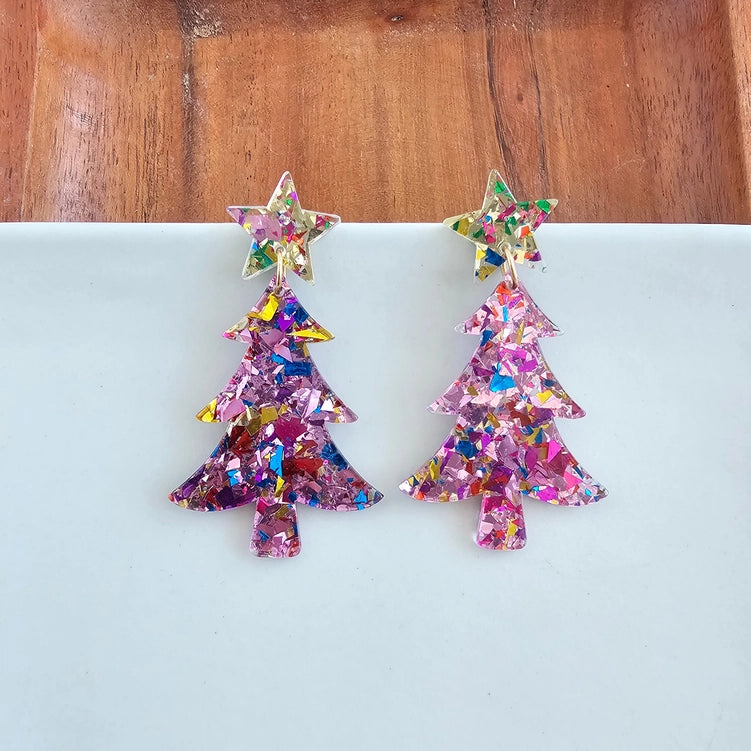 Pink Sparkle Christmas Tree Earring