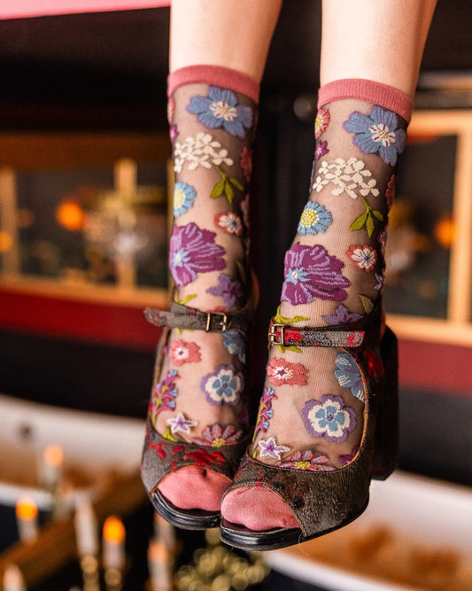 Dark Florals Black Sheer Sock