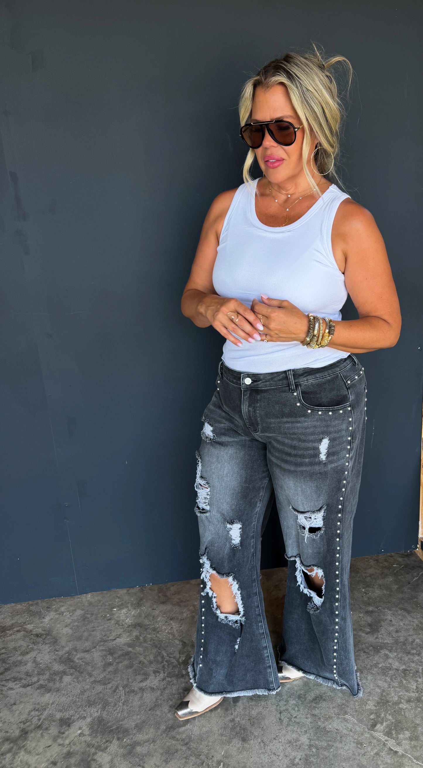 off the grid studded jeans denim black distressed