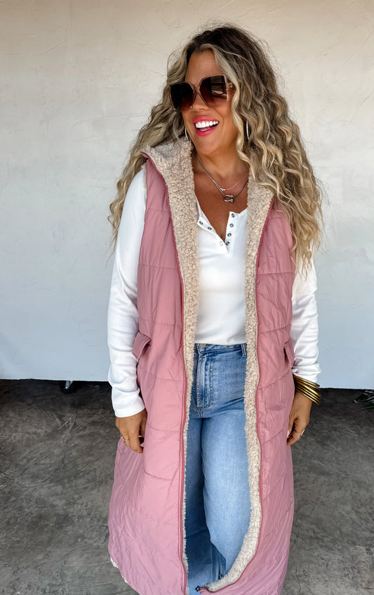 Reversible Sherpa Puffer Vest in Pink [[PRE-ORDER]]
