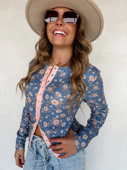 Kori Snap Button Waffle Top in Blue Floral [[PRE-ORDER]]