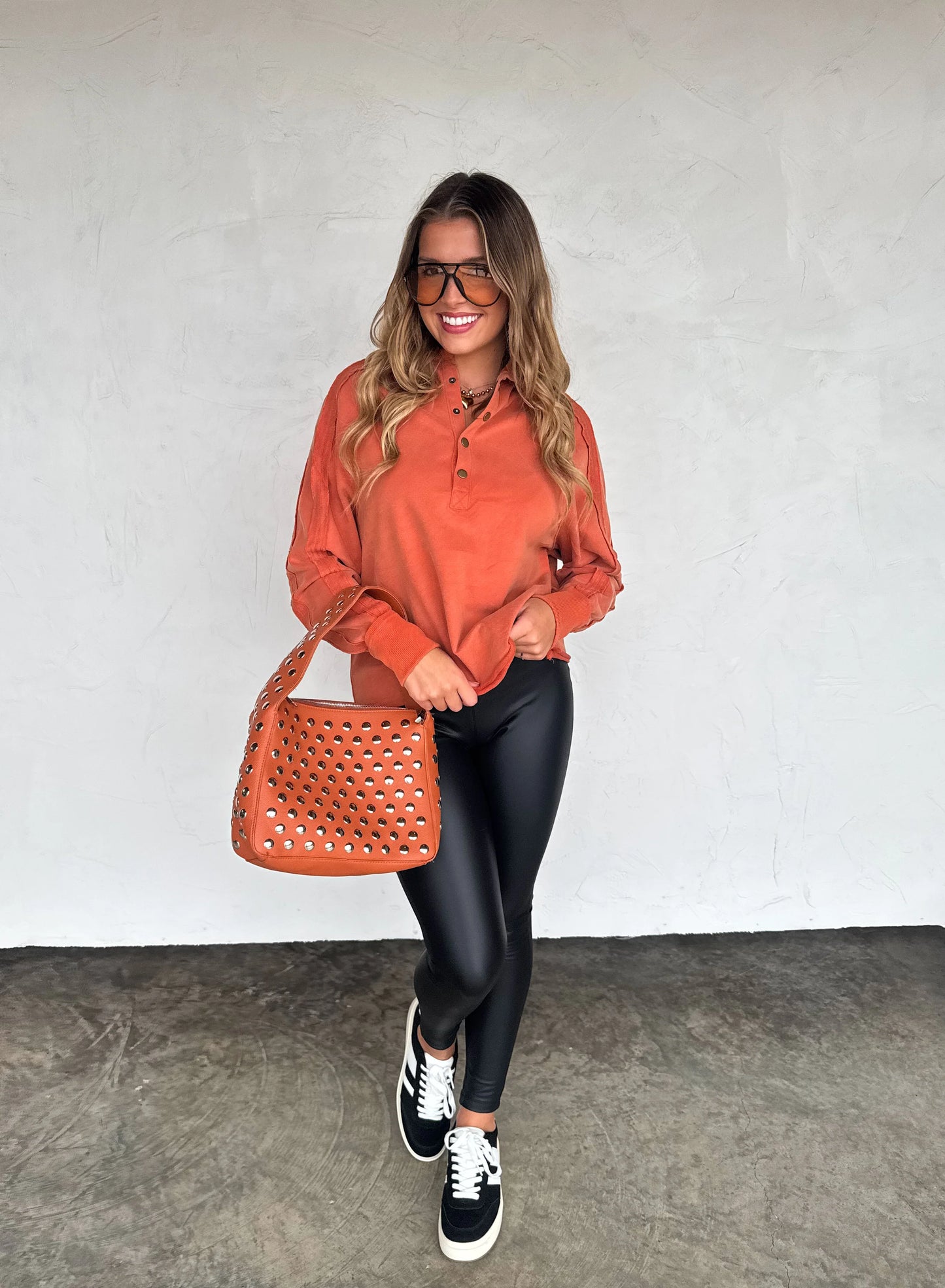 LONGER LENGTH MARLEY SNAP BUTTON SWEATSHIRT in RUST [[PRE-ORDER]]