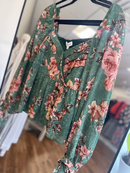 Pleated Floral Chiffon Peplum Top