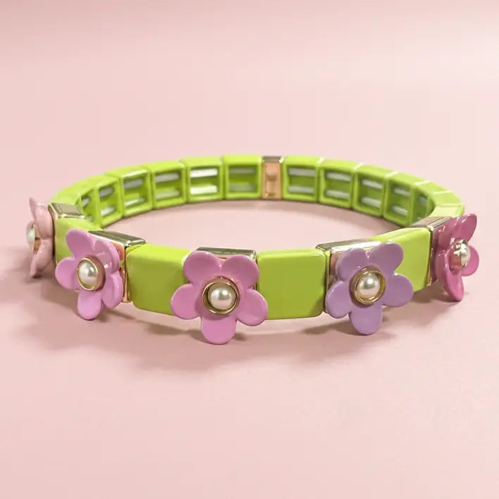Poppy Pink & Green Flowers + Pearl Bracelet