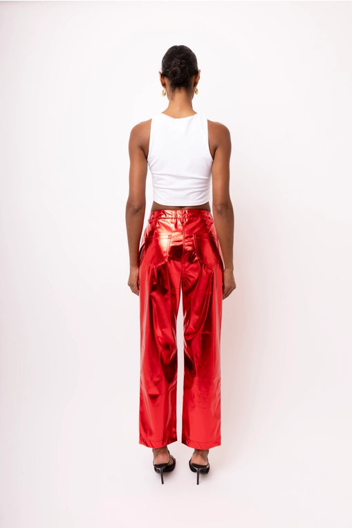 Red Faux Leather Metallic Pants