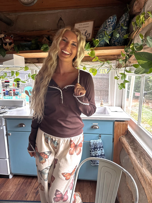 Rosie Lace Henley in Brown [ETA end of August]
