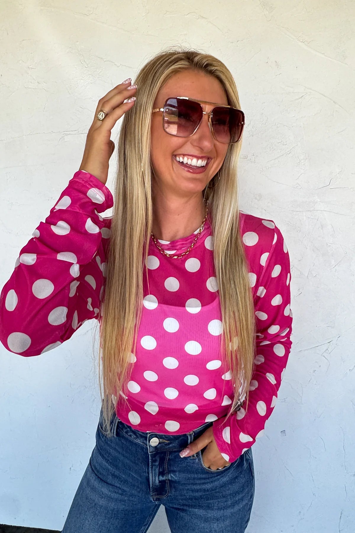 Pink Polka Dot Summer Mesh Top