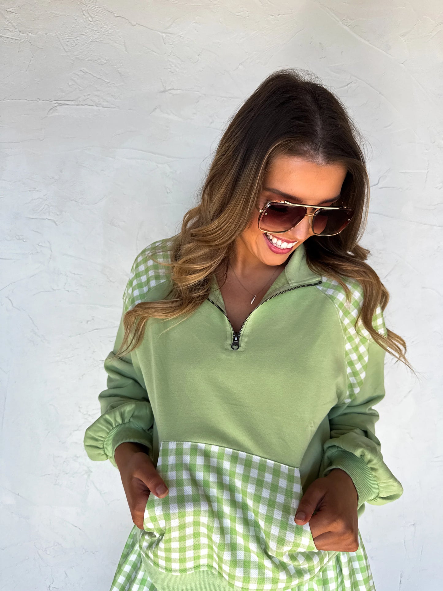 Green Gingham 1/4 Zip [[PRE-ORDER]]