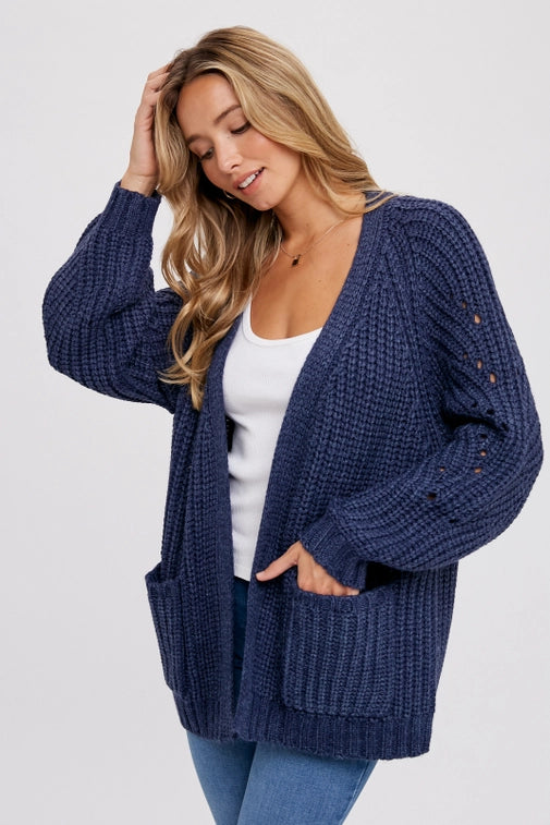 Navy Pointelle Open Front Cardigan