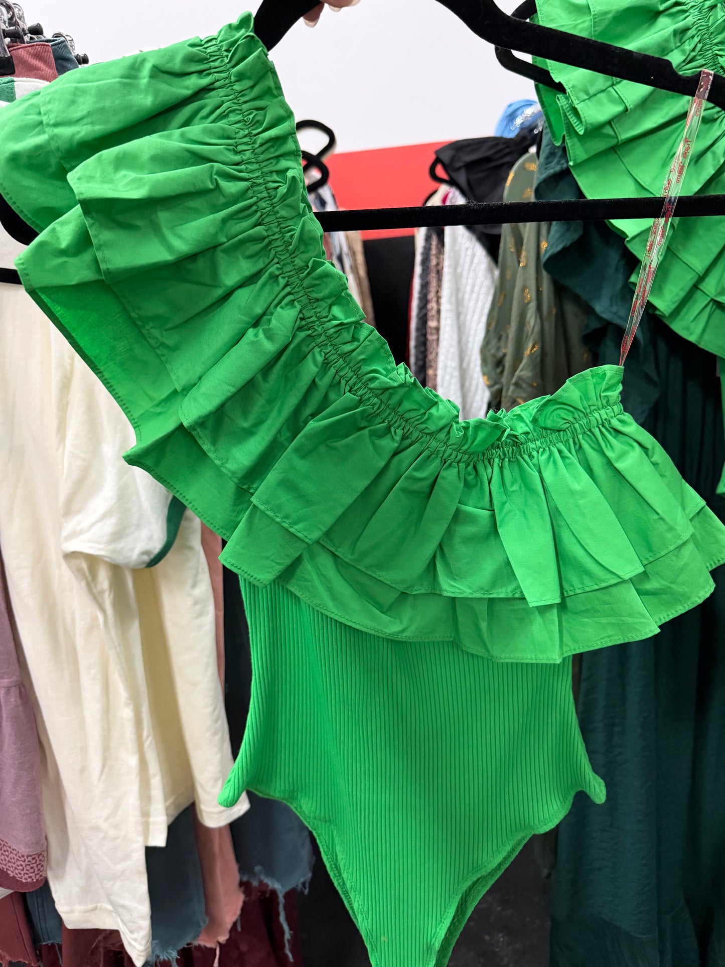 Green Ruffled Flounce One Shoulder Bodysuit