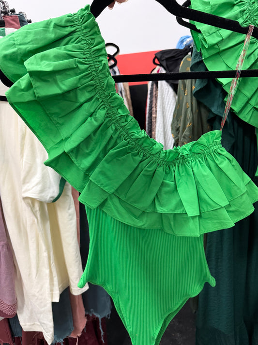 Green Ruffled Flounce One Shoulder Bodysuit