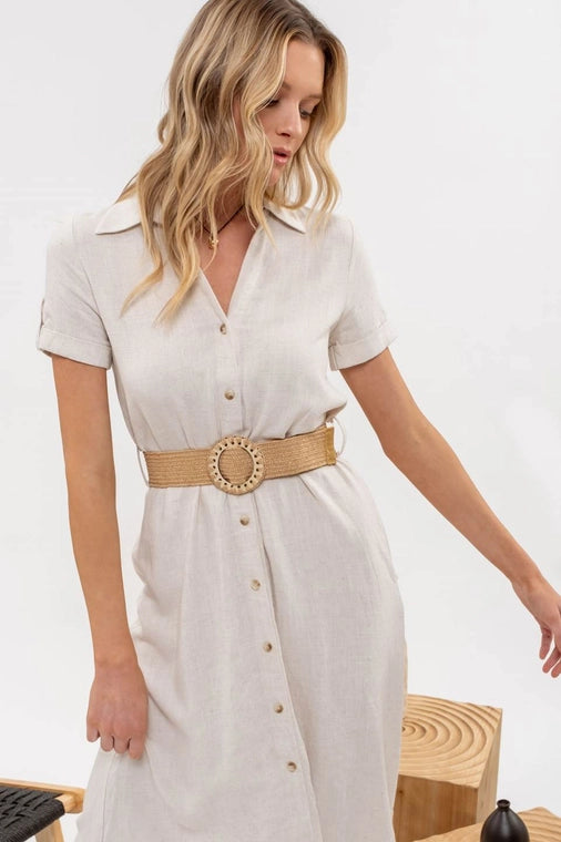 Collared Button Down Belted Midi Dress (Natural)