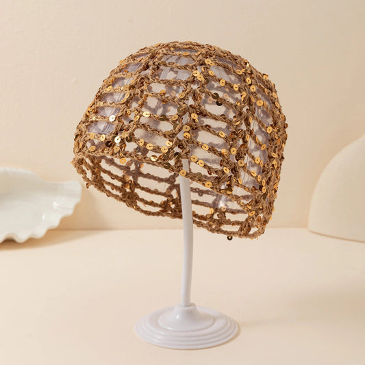 Khaki Sequin Hollow Crochet Hat