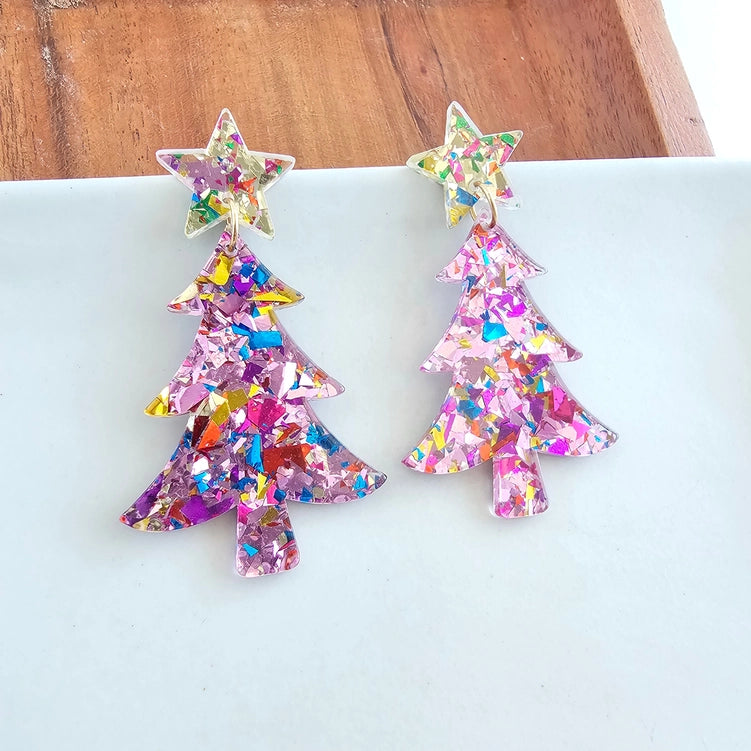 Pink Sparkle Christmas Tree Earring