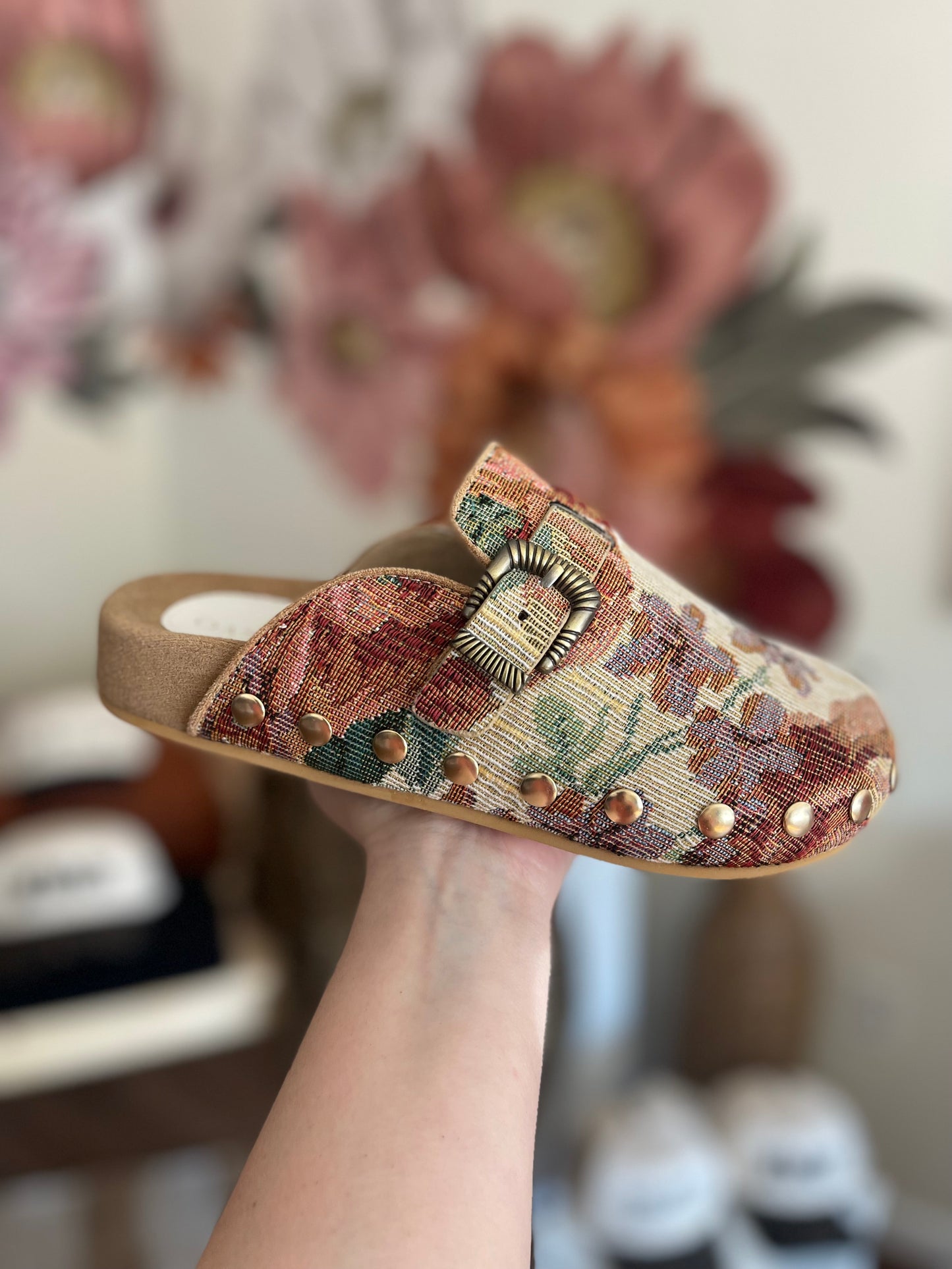The Toni | Floral Tapestry Studded Clog