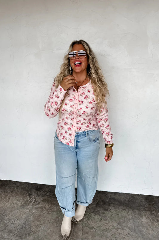 Kori Snap Button Waffle Top in Pink Floral [[PRE-ORDER]]