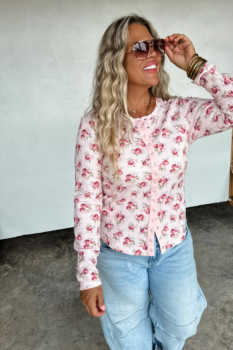 Kori Snap Button Waffle Top in Pink Floral [[PRE-ORDER]]
