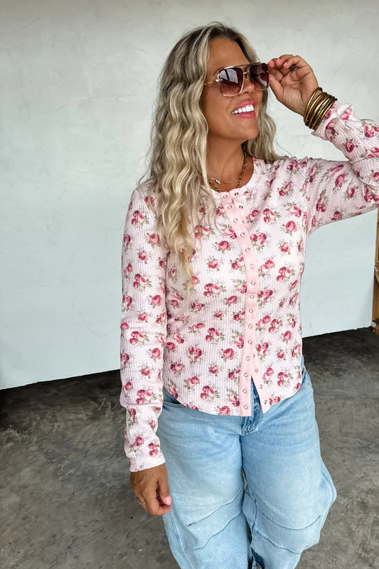 Kori Snap Button Waffle Top in Pink Floral [[PRE-ORDER]]