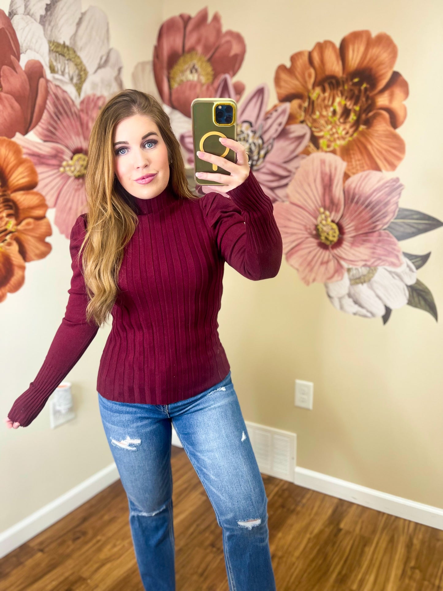 Maroon Puff Sleeve Sweater