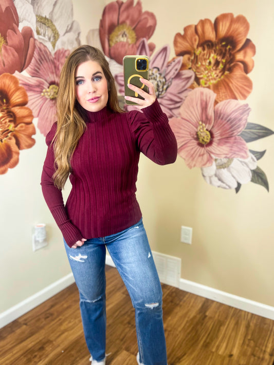 Maroon Puff Sleeve Sweater