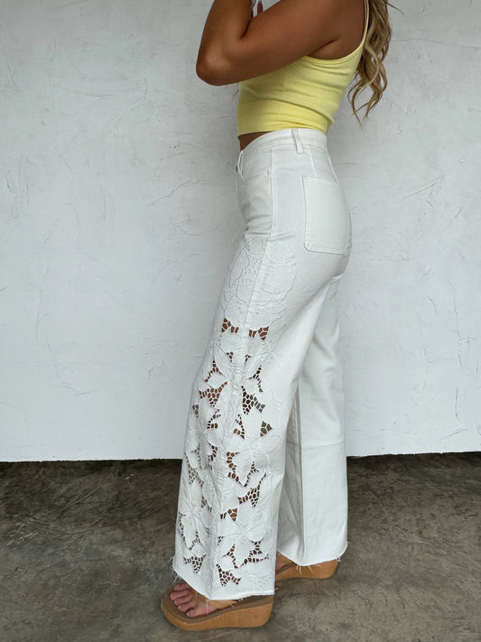 WHITE FLORAL CHARM WIDE LEG JEAN [[PRE-ORDER]]
