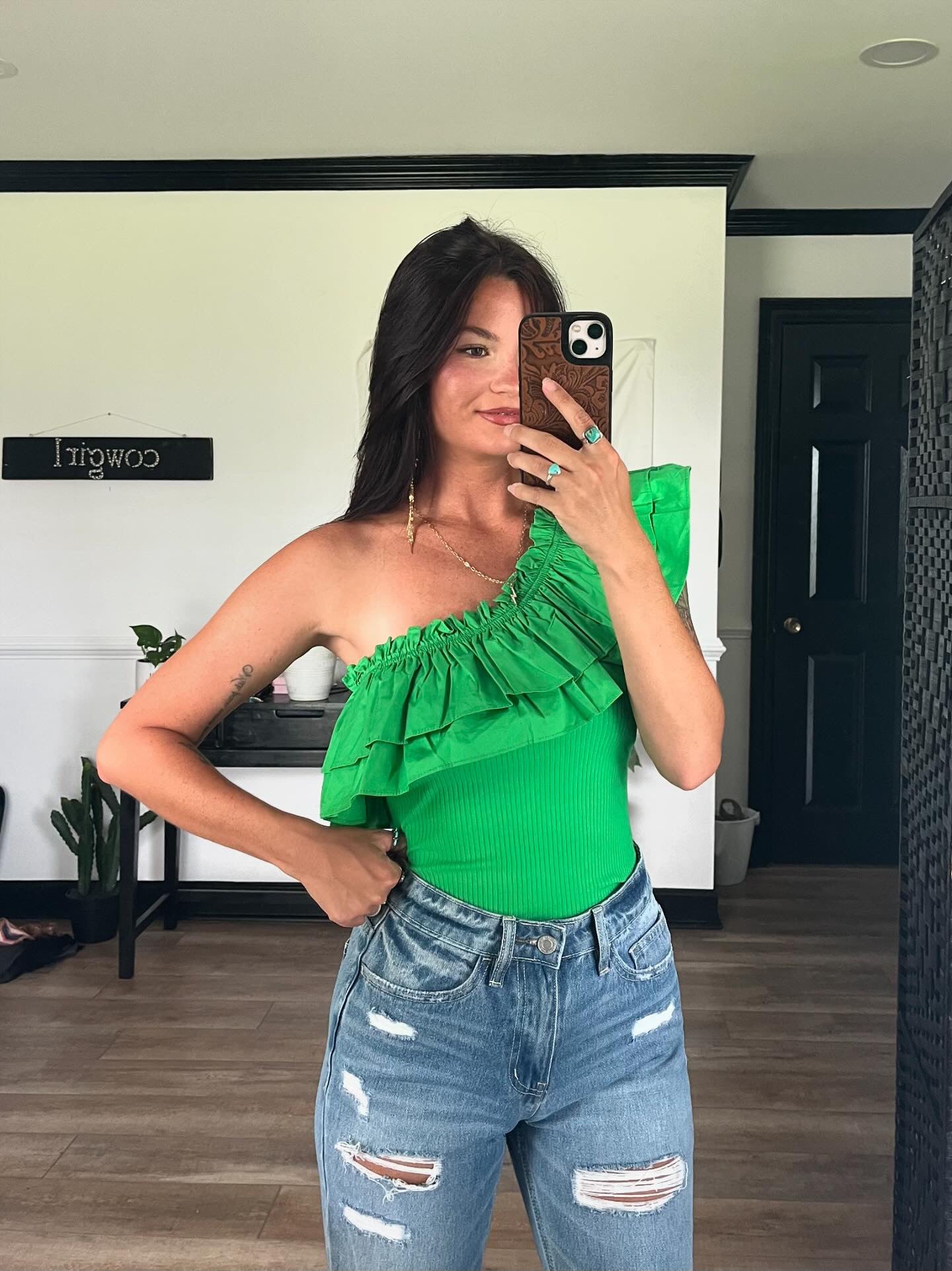 Green Ruffled Flounce One Shoulder Bodysuit