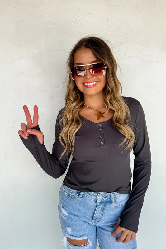 Brooklyn Snap Henley Top in Dark Gray [[PRE-ORDER]]