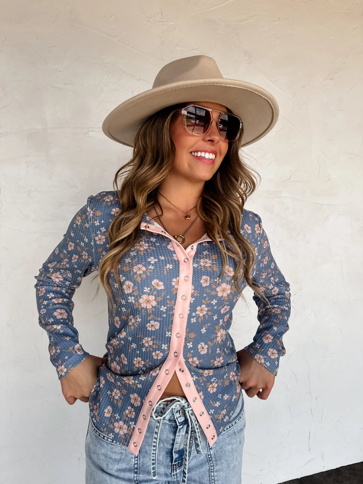 Kori Snap Button Waffle Top in Blue Floral [[PRE-ORDER]]