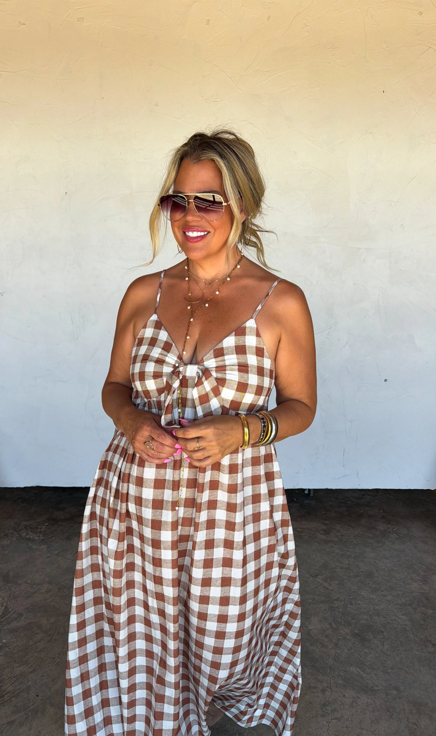 Western Charm Maxi Dress - Brown Gingham