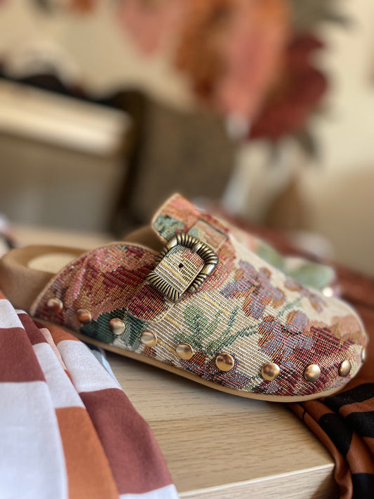 The Toni | Floral Tapestry Studded Clog