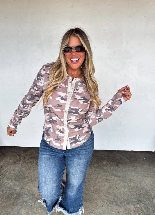 Kori Snap Button Waffle Top in Camo [[PRE-ORDER]]