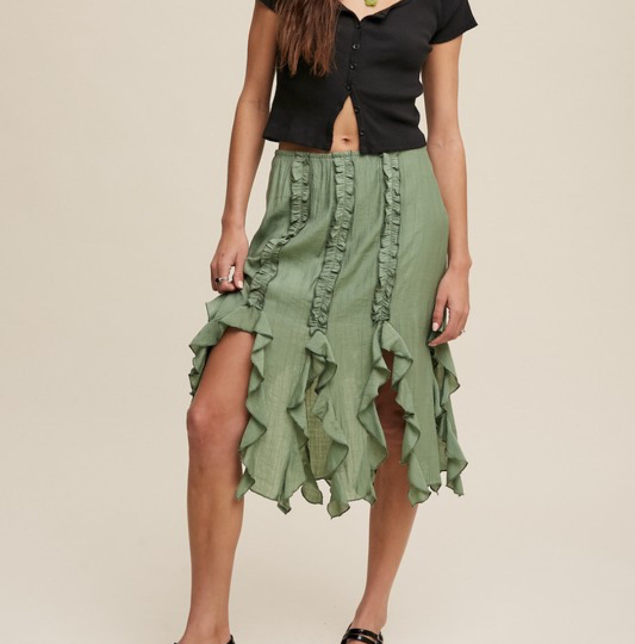 Sage Fringe Ruffle Skirt