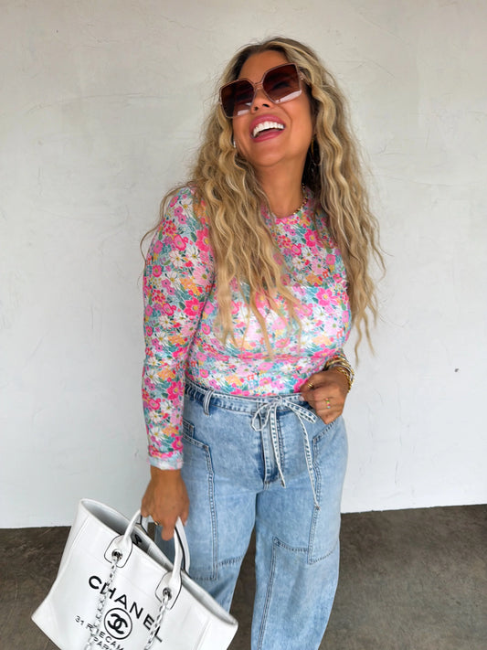 Pink Spring Summer Floral  Mesh Top