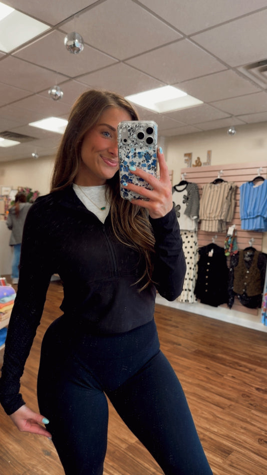 Black Cropped 1/4 Zip Long Sleeve Top
