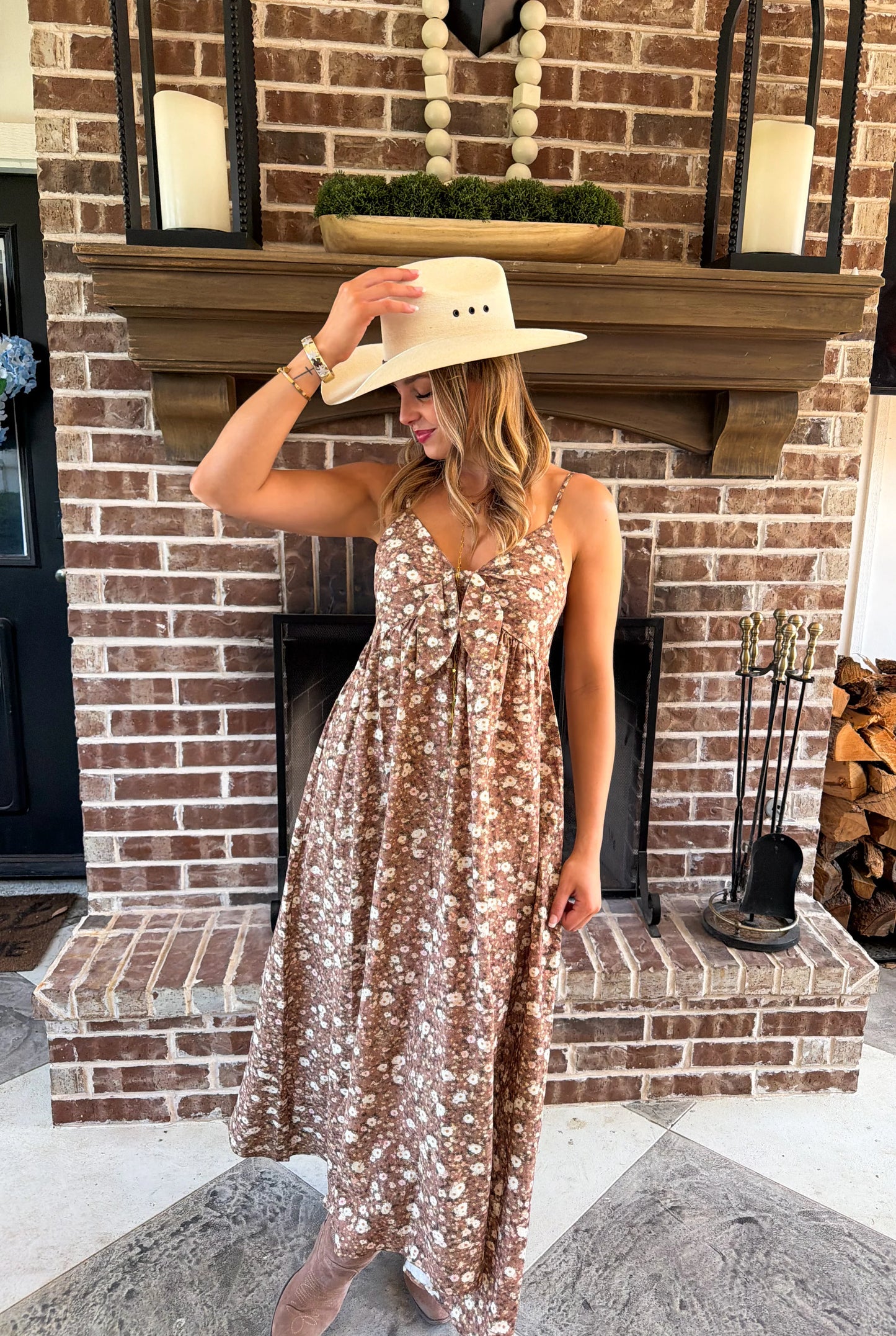 Western Charm Maxi Dress - Brown Floral