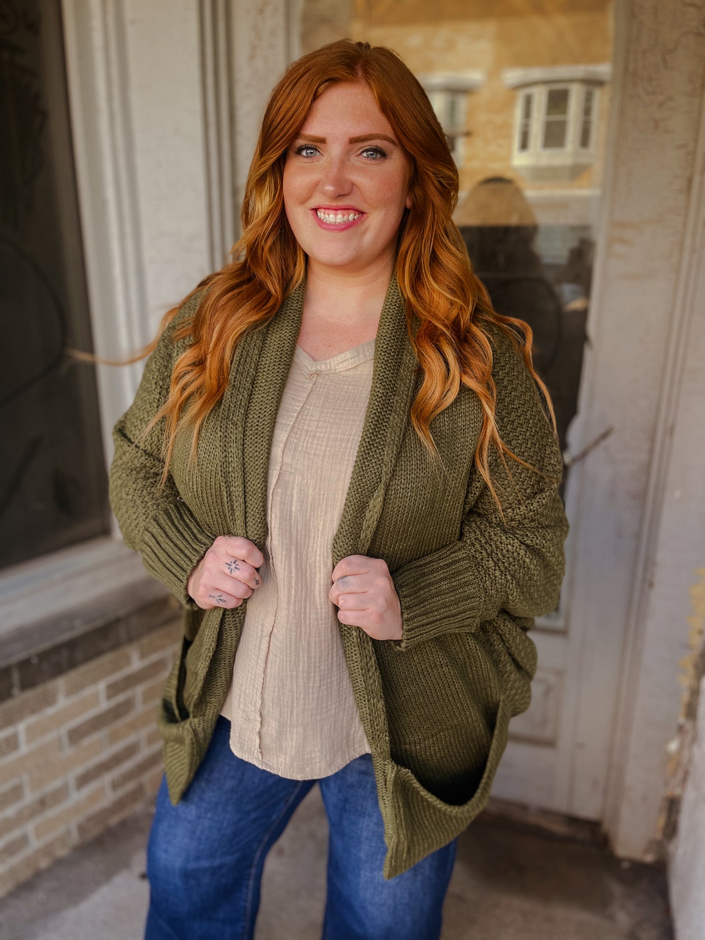 Olive Green Dolman Sleeve Cardigan (Plus Size)