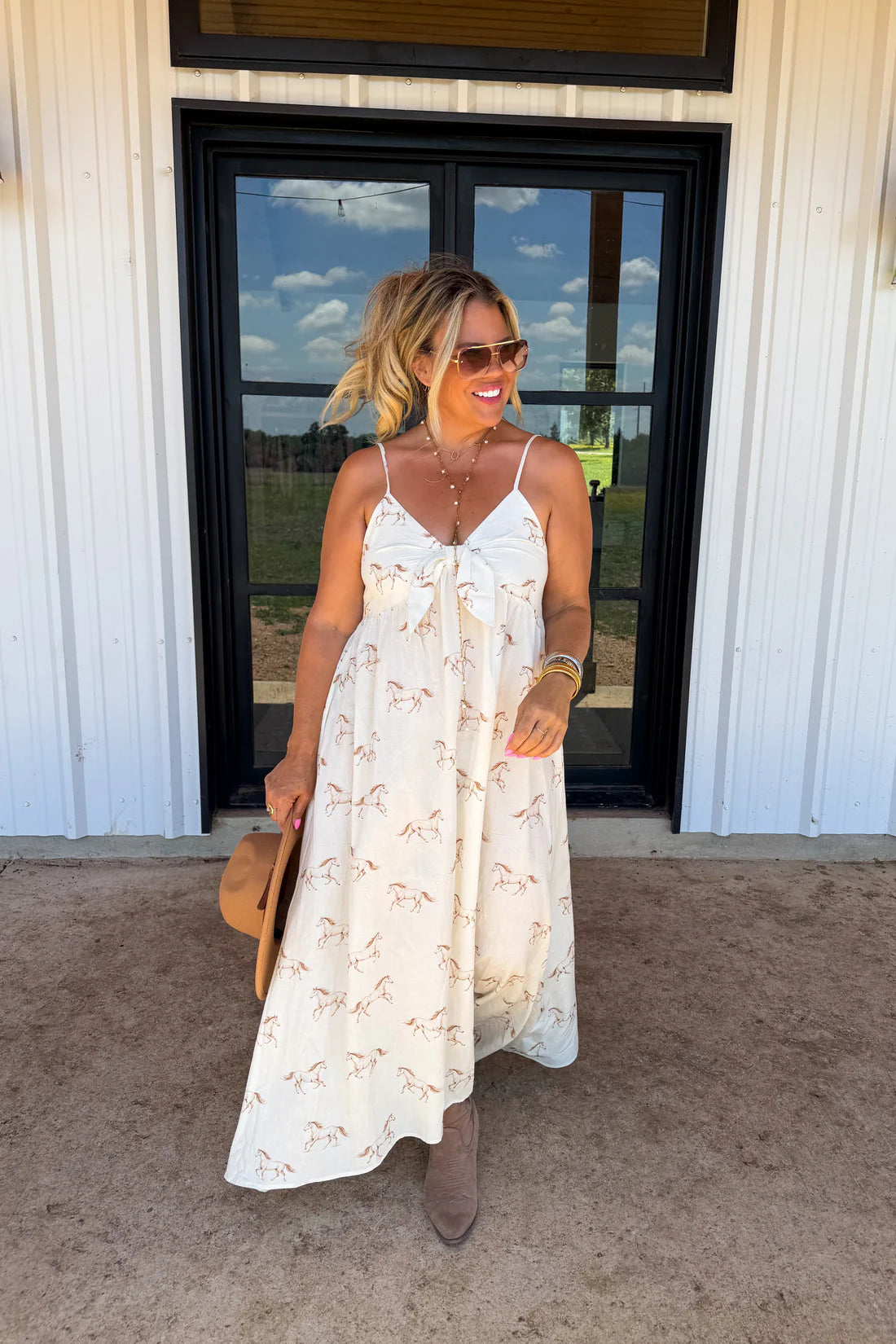 Western Charm Maxi Dress - Cream Horses