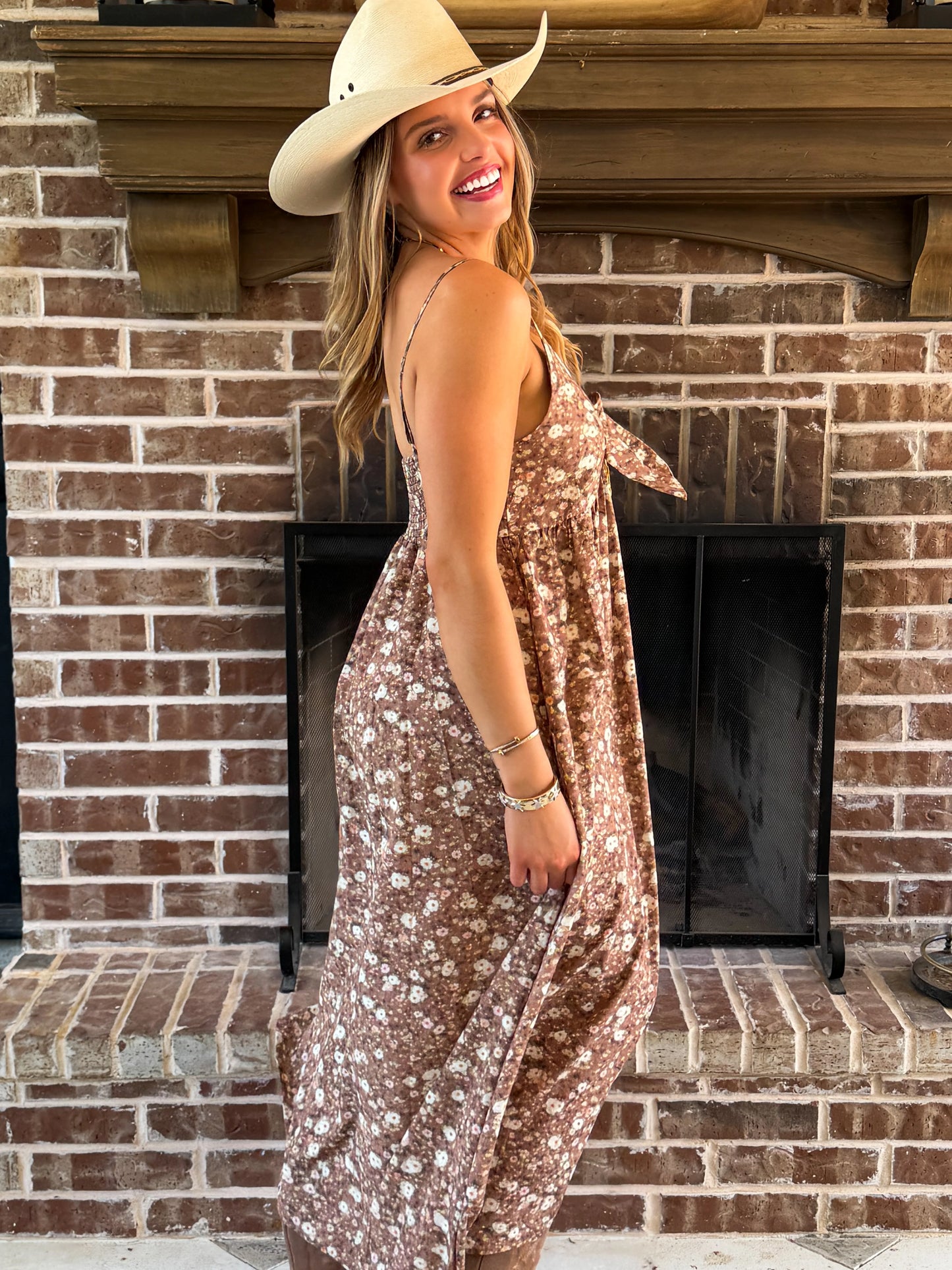 Western Charm Maxi Dress - Brown Floral