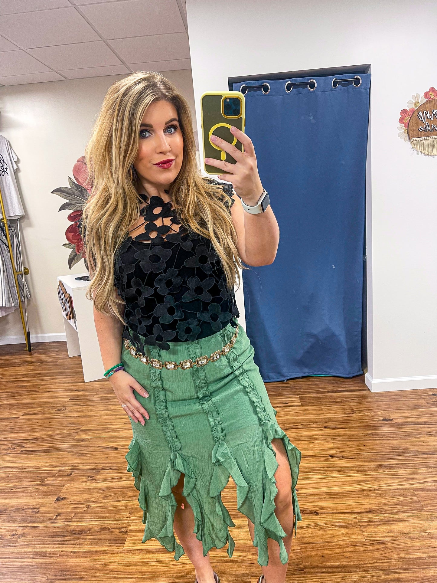 Sage Fringe Ruffle Skirt