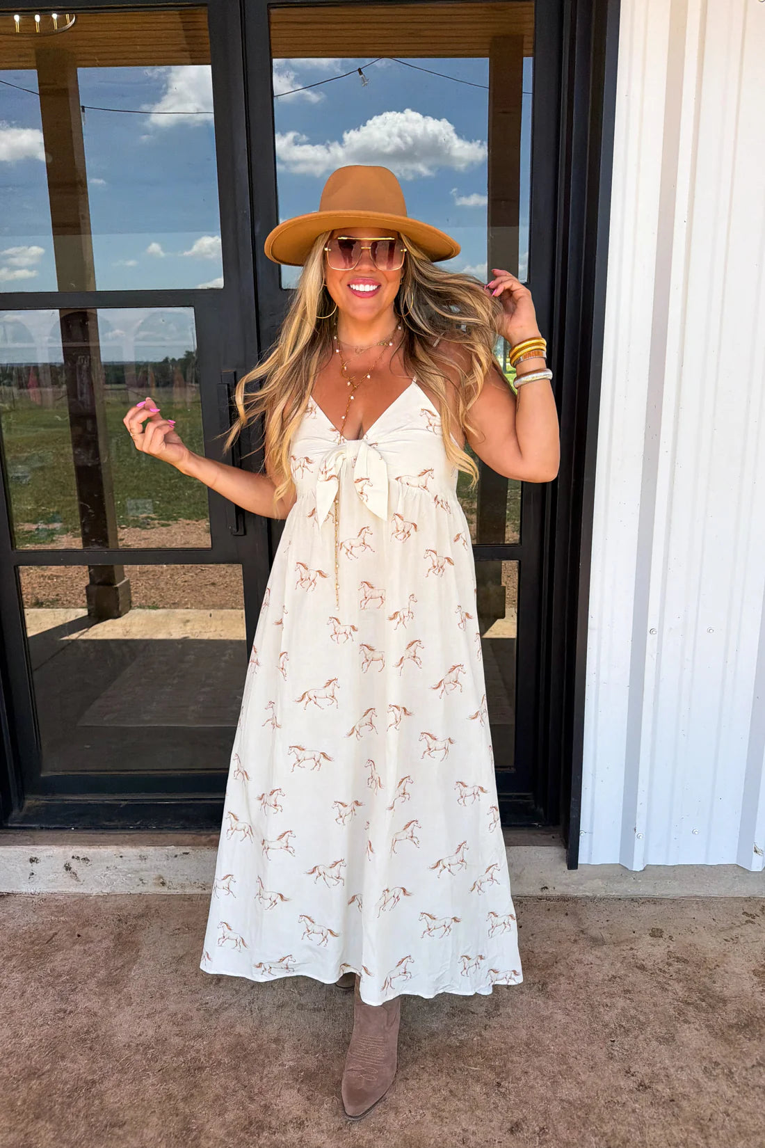 Western Charm Maxi Dress - Cream Horses
