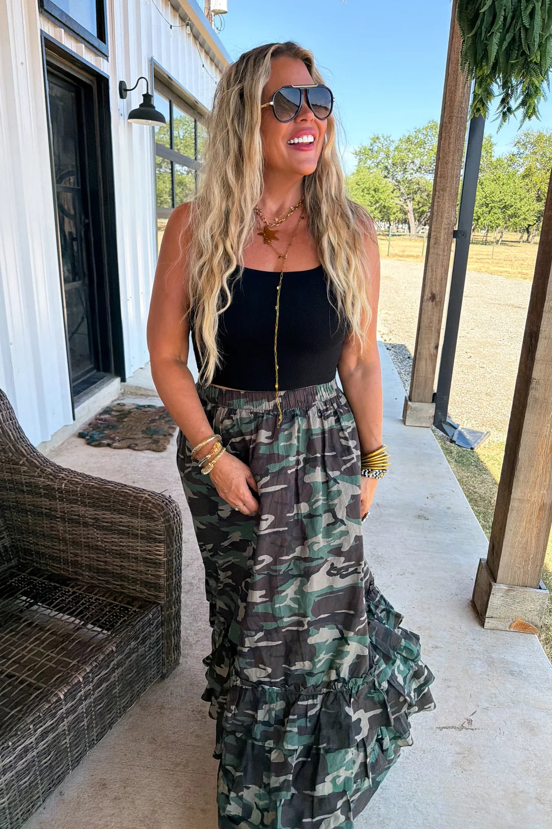 hidden gem camo maxi skirt