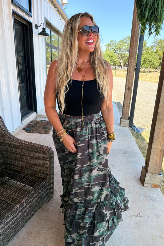 hidden gem camo maxi skirt