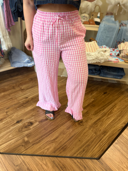 Pink Plaid Ruffle Hem Pant